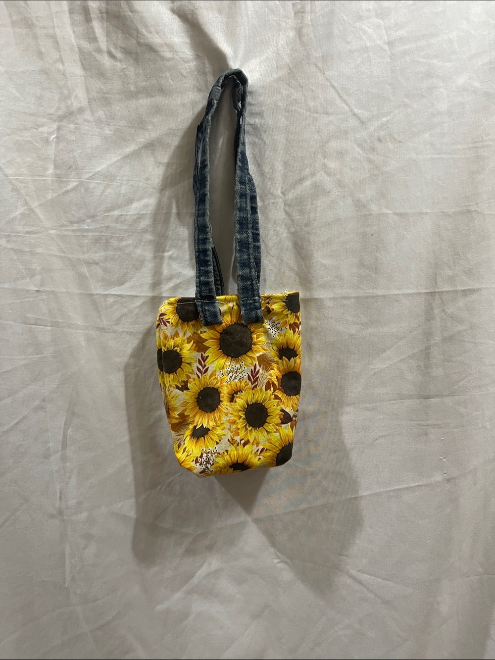 Sunflower Print Yellow Tote Bag with Denim Straps